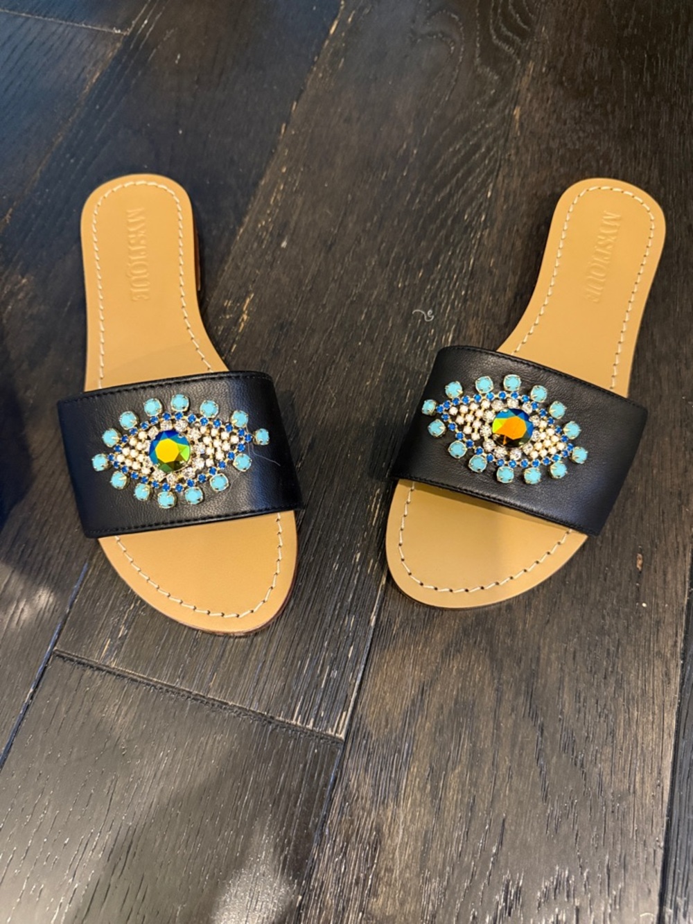 Women's Black Jeweled Slide Sandals -MYSTIQUE